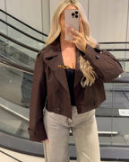 Short Double-Breasted Trench Coat with Notch Lapels