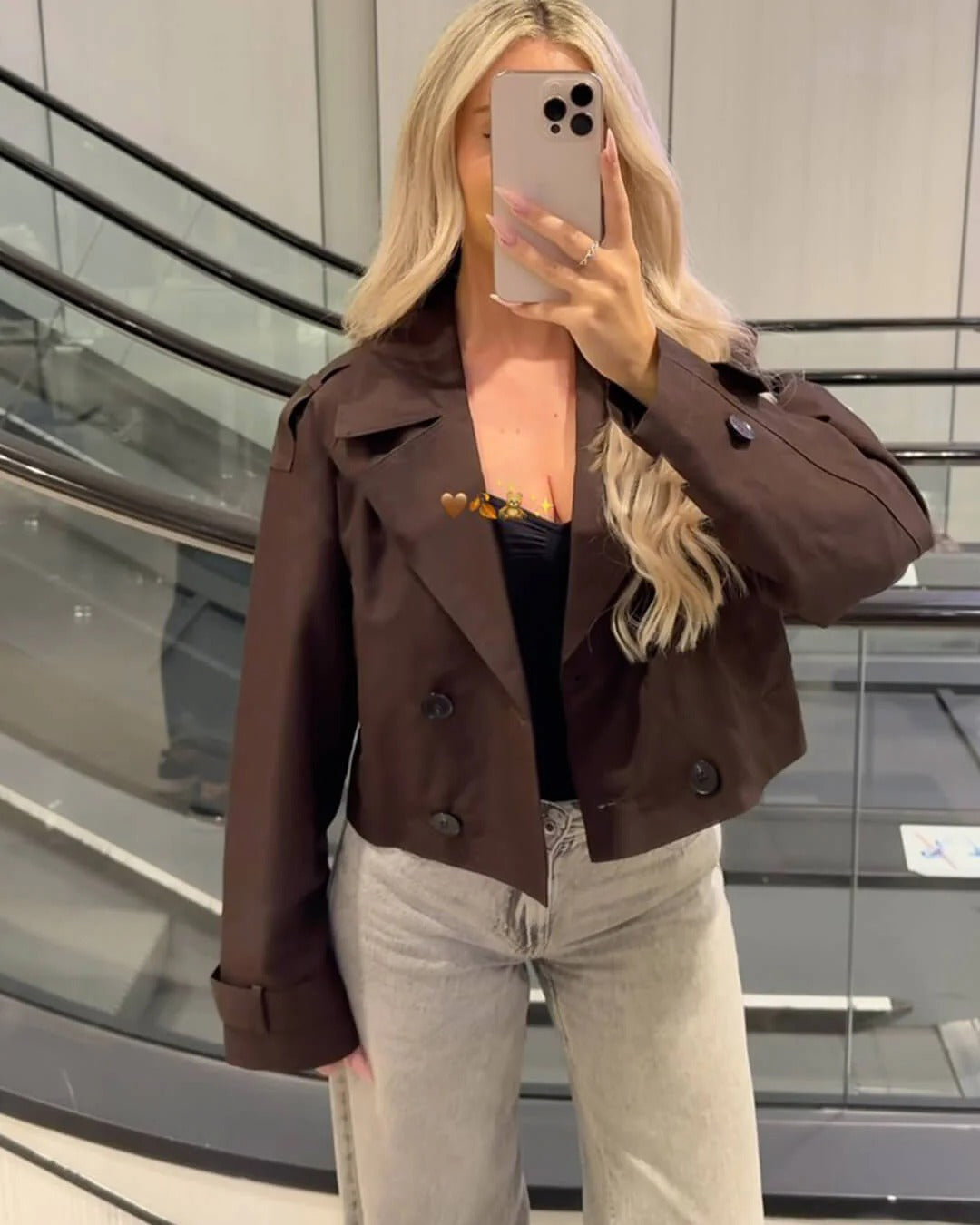 Short Double-Breasted Trench Coat with Notch Lapels