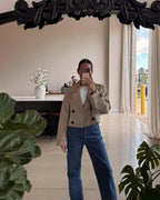 Short Double-Breasted Trench Coat with Notch Lapels