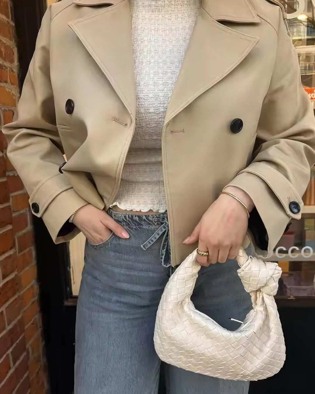 Short Double-Breasted Trench Coat with Notch Lapels
