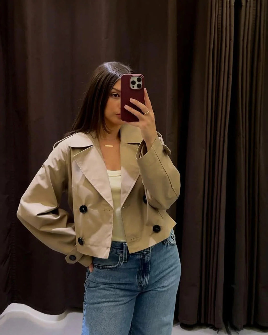 Short Double-Breasted Trench Coat with Notch Lapels