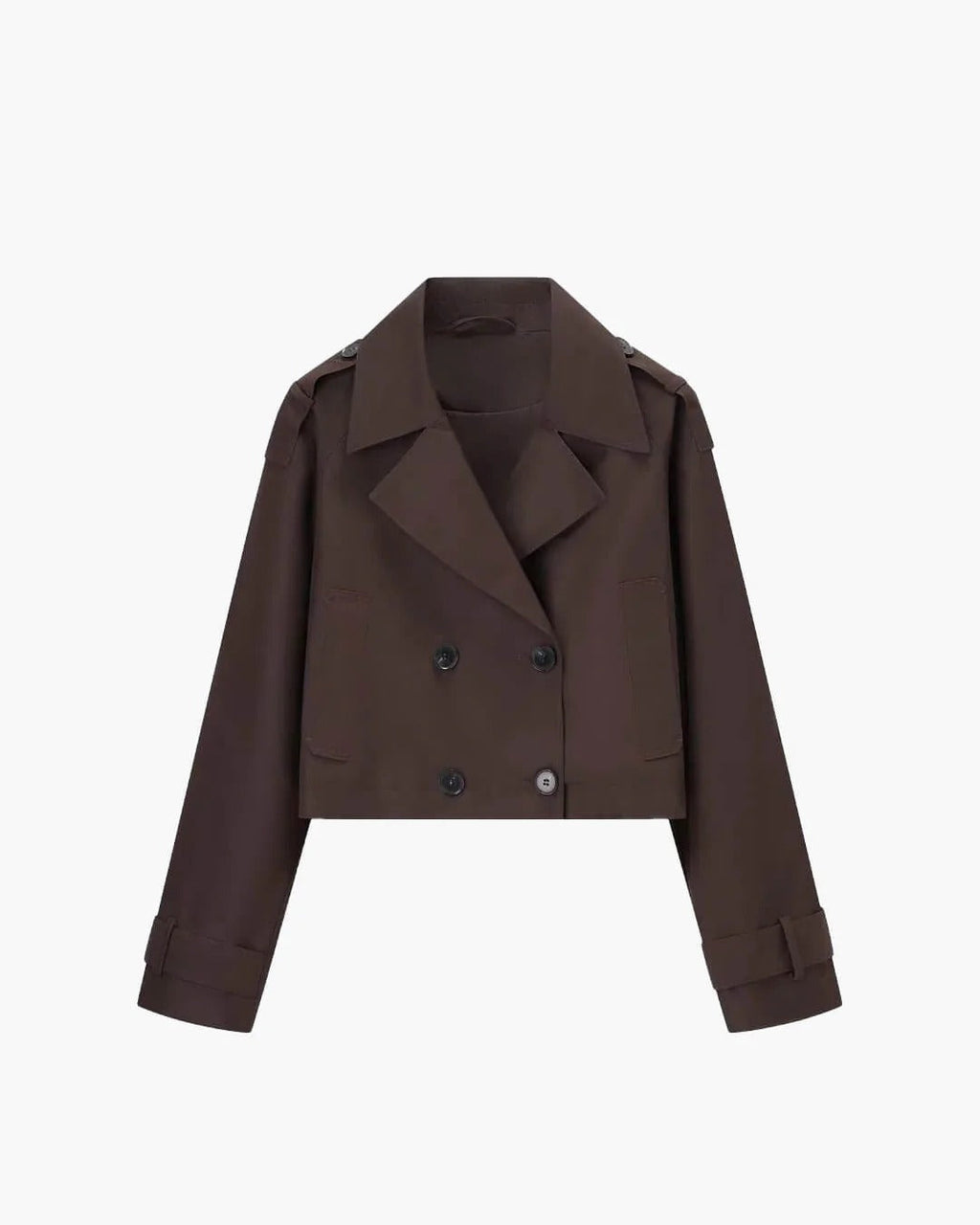 Short Double-Breasted Trench Coat with Notch Lapels - Coffee