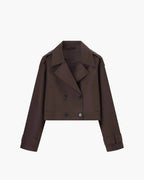 Short Double-Breasted Trench Coat with Notch Lapels - Coffee