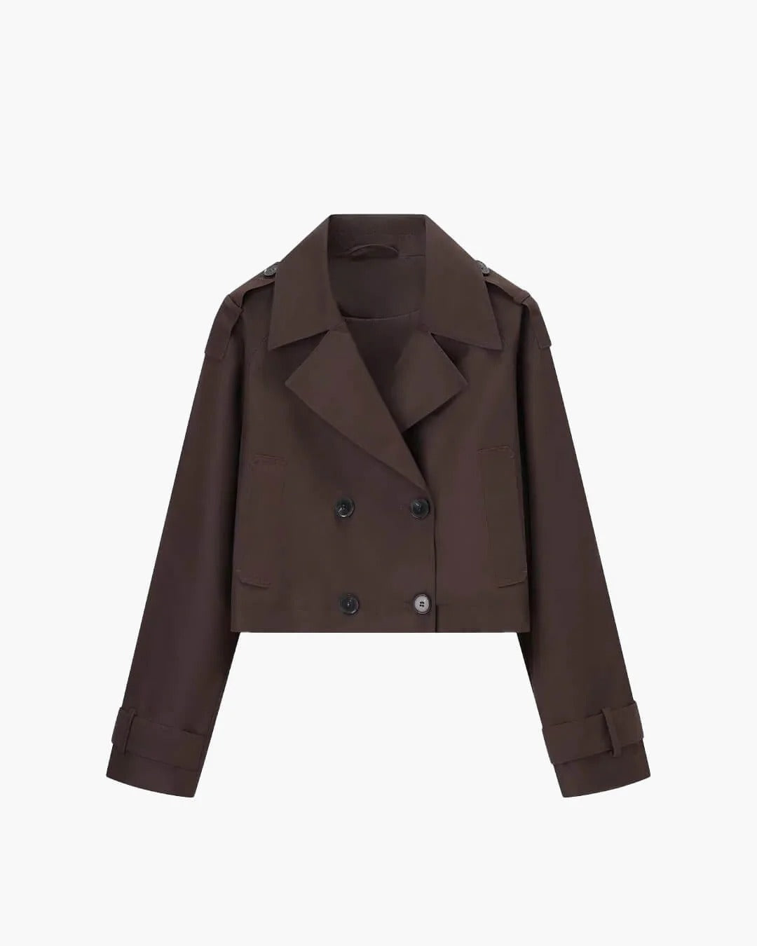 Short Double-Breasted Trench Coat with Notch Lapels - Coffee