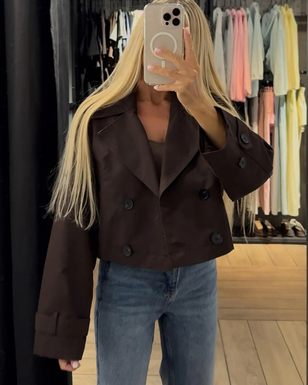 Short Double-Breasted Trench Coat with Notch Lapels