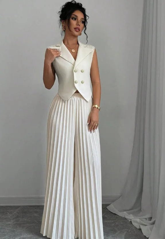 Sleeveless Double-Breasted Blazer and Pleated Pants Set - White