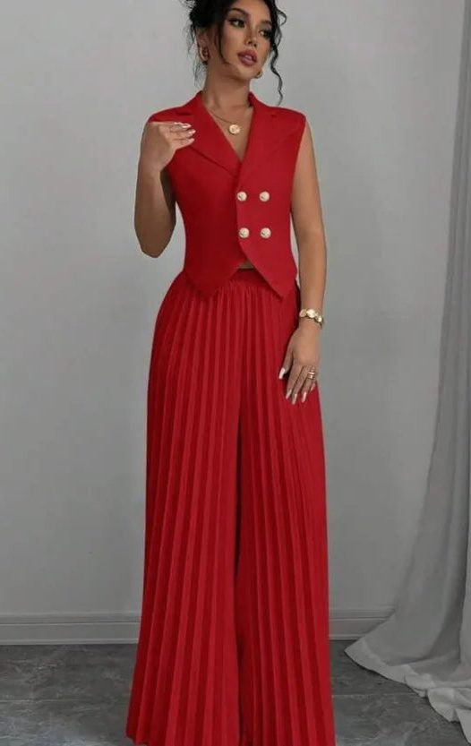 Sleeveless Double-Breasted Blazer and Pleated Pants Set - Orange Red