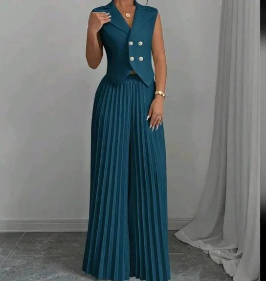 Sleeveless Double-Breasted Blazer and Pleated Pants Set - Dark Green