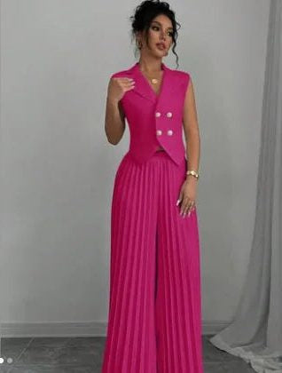 Sleeveless Double-Breasted Blazer and Pleated Pants Set - Rose Red
