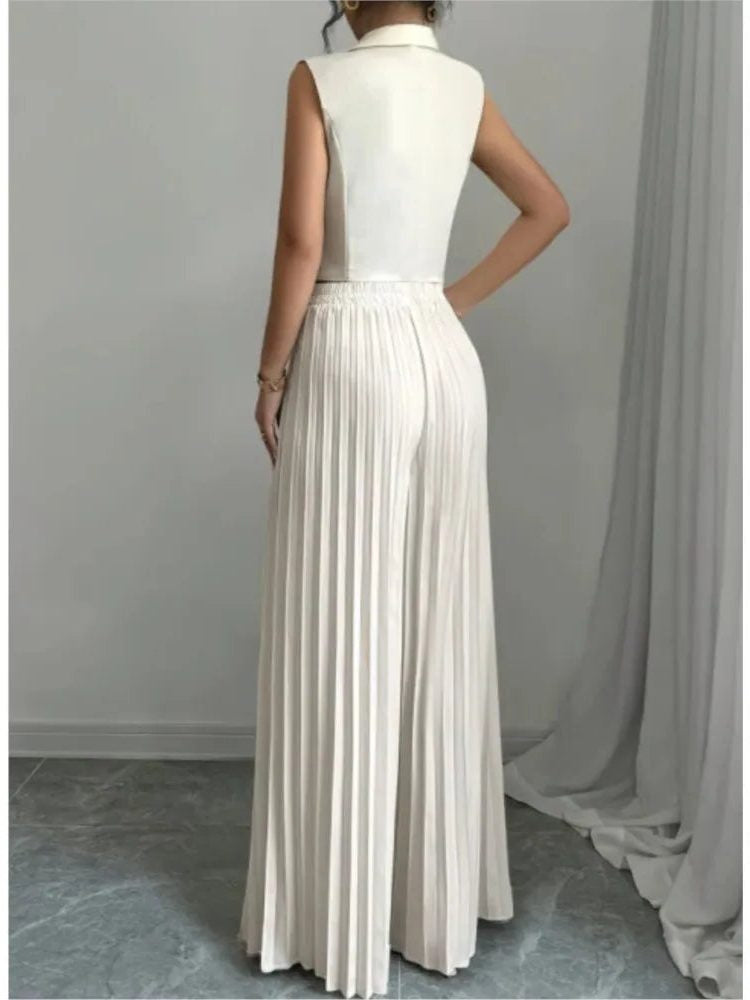Sleeveless Double-Breasted Blazer and Pleated Pants Set