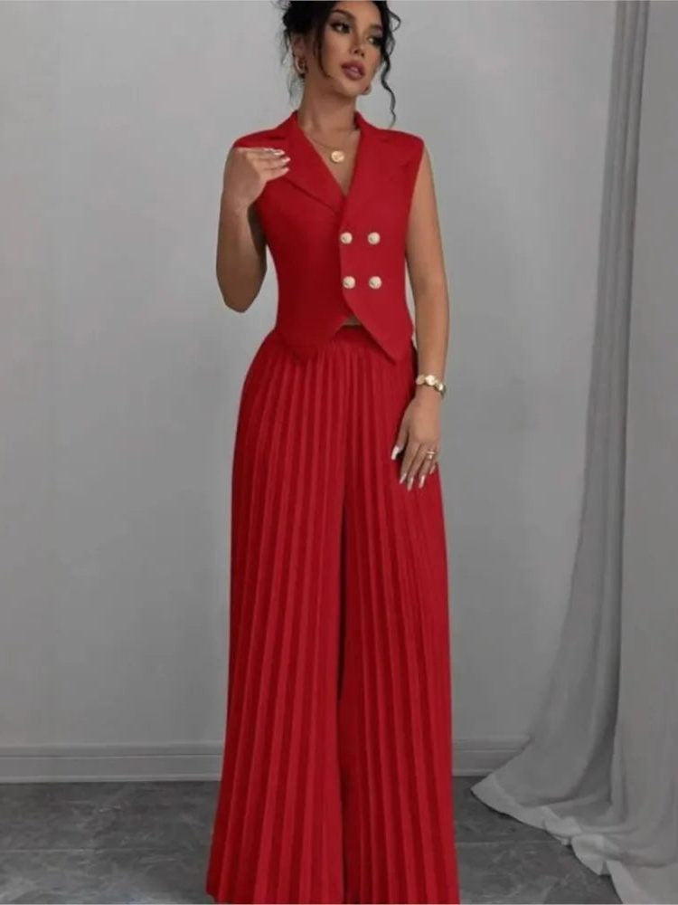Sleeveless Double-Breasted Blazer and Pleated Pants Set