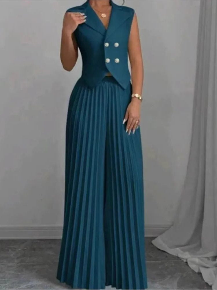 Sleeveless Double-Breasted Blazer and Pleated Pants Set