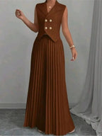 Sleeveless Double-Breasted Blazer and Pleated Pants Set