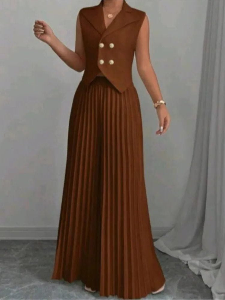 Sleeveless Double-Breasted Blazer and Pleated Pants Set