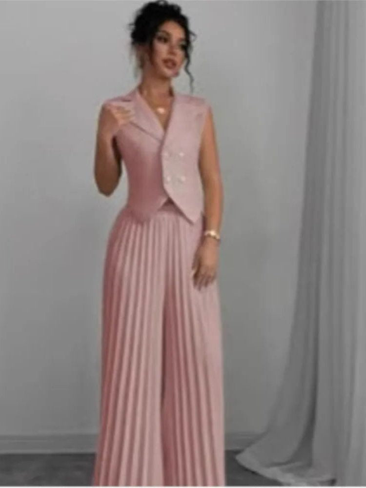 Sleeveless Double-Breasted Blazer and Pleated Pants Set
