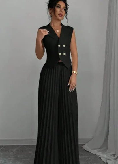 Sleeveless Double-Breasted Blazer and Pleated Pants Set - Black