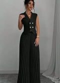 Sleeveless Double-Breasted Blazer and Pleated Pants Set - Black