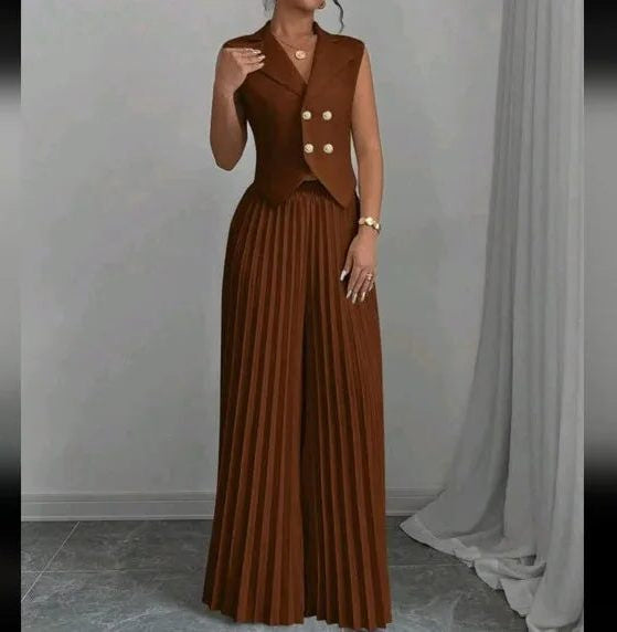 Sleeveless Double-Breasted Blazer and Pleated Pants Set - Brown