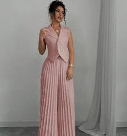 Sleeveless Double-Breasted Blazer and Pleated Pants Set - Pink