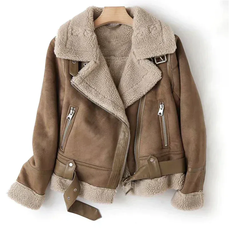 Suede-Look Aviator Jacket with Sherpa Lining and Collar - Brown
