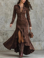 Suede-Look Maxi Dress with Button Front and Asymmetric Hem - Dark Brown