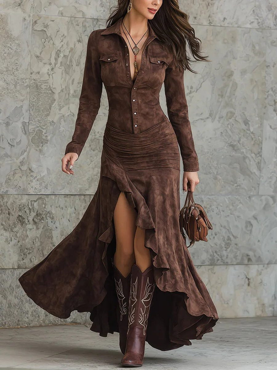 Suede-Look Maxi Dress with Button Front and Asymmetric Hem - Dark Brown