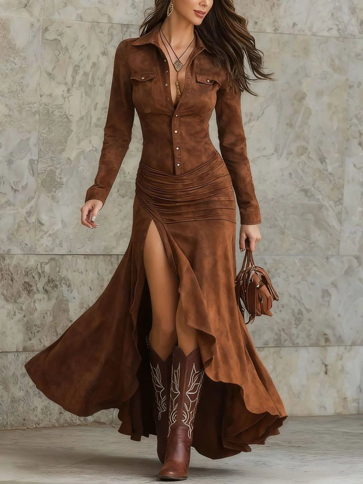 Suede-Look Maxi Dress with Button Front and Asymmetric Hem - Brown