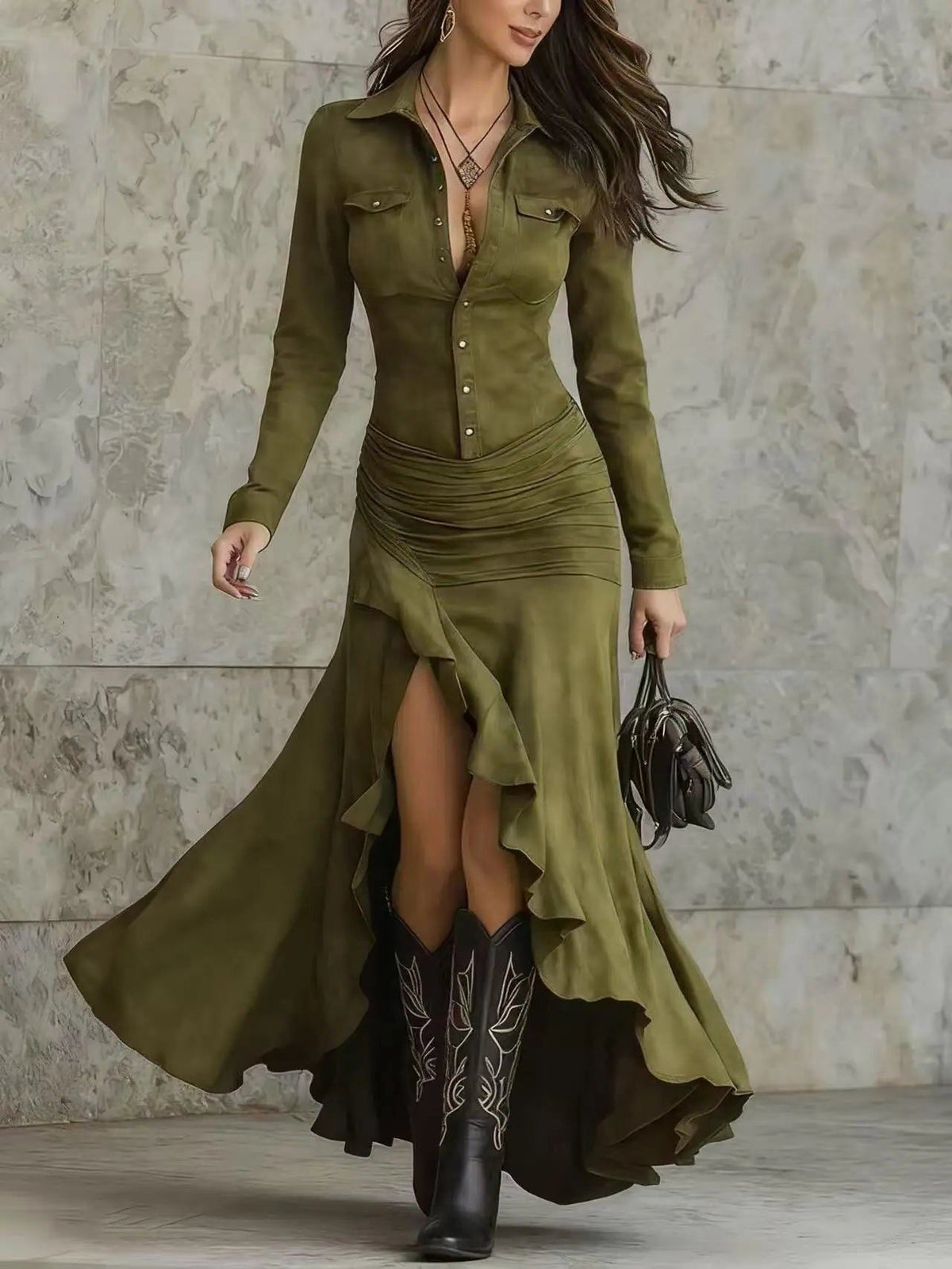 Suede-Look Maxi Dress with Button Front and Asymmetric Hem - Green