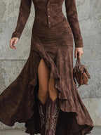 Suede-Look Maxi Dress with Button Front and Asymmetric Hem