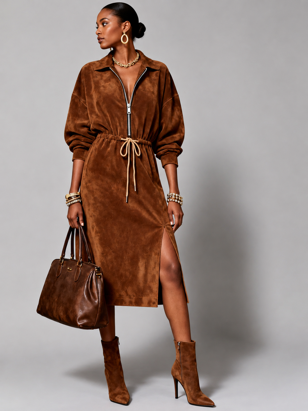Suede-Look Midi Shirt Dress with Zip Front and Drawstring