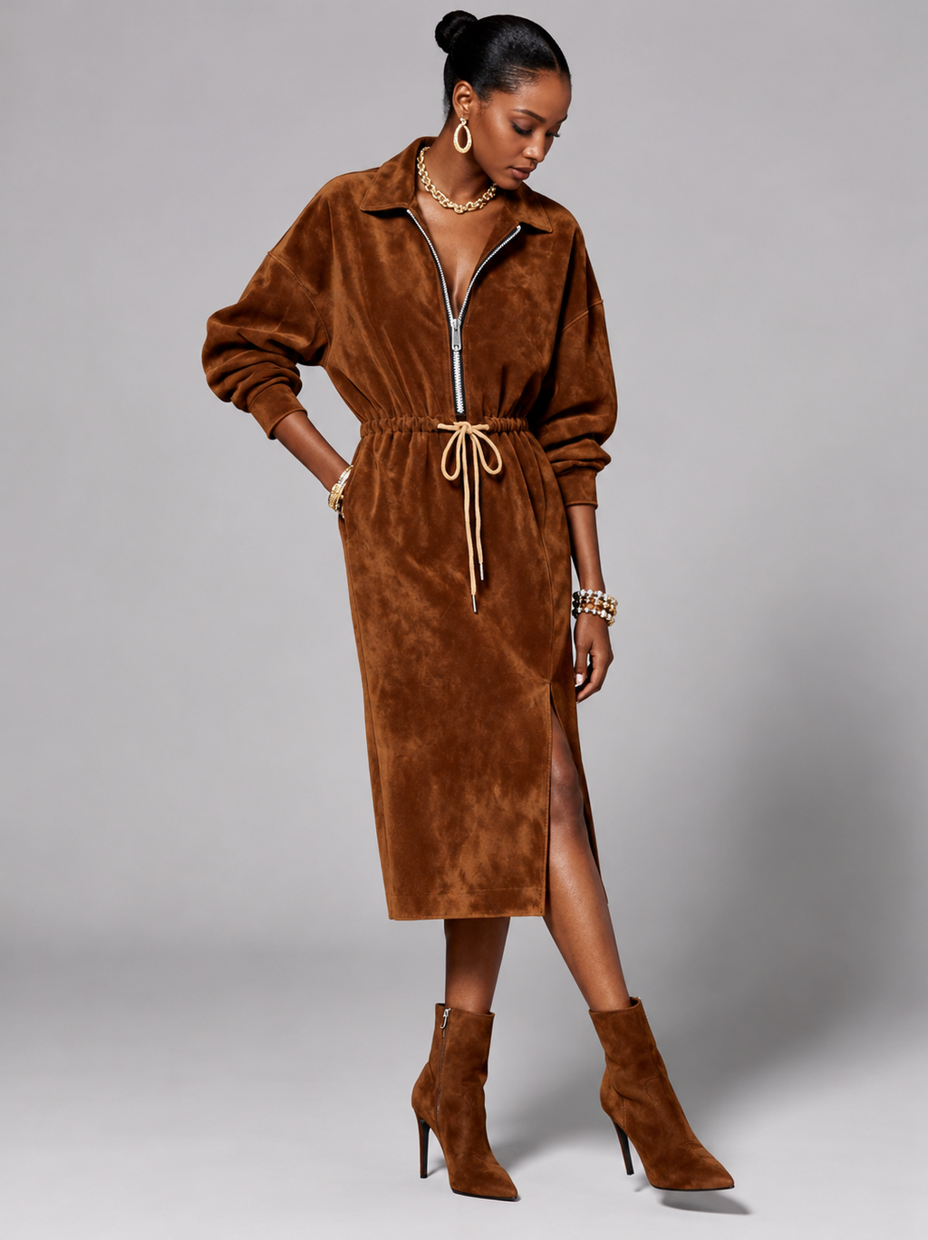 Suede-Look Midi Shirt Dress with Zip Front and Drawstring