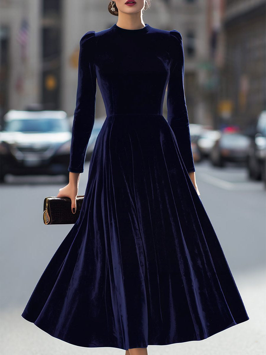 Velvet A-Line Midi Dress with Crew Neck and Long Sleeves - Blue
