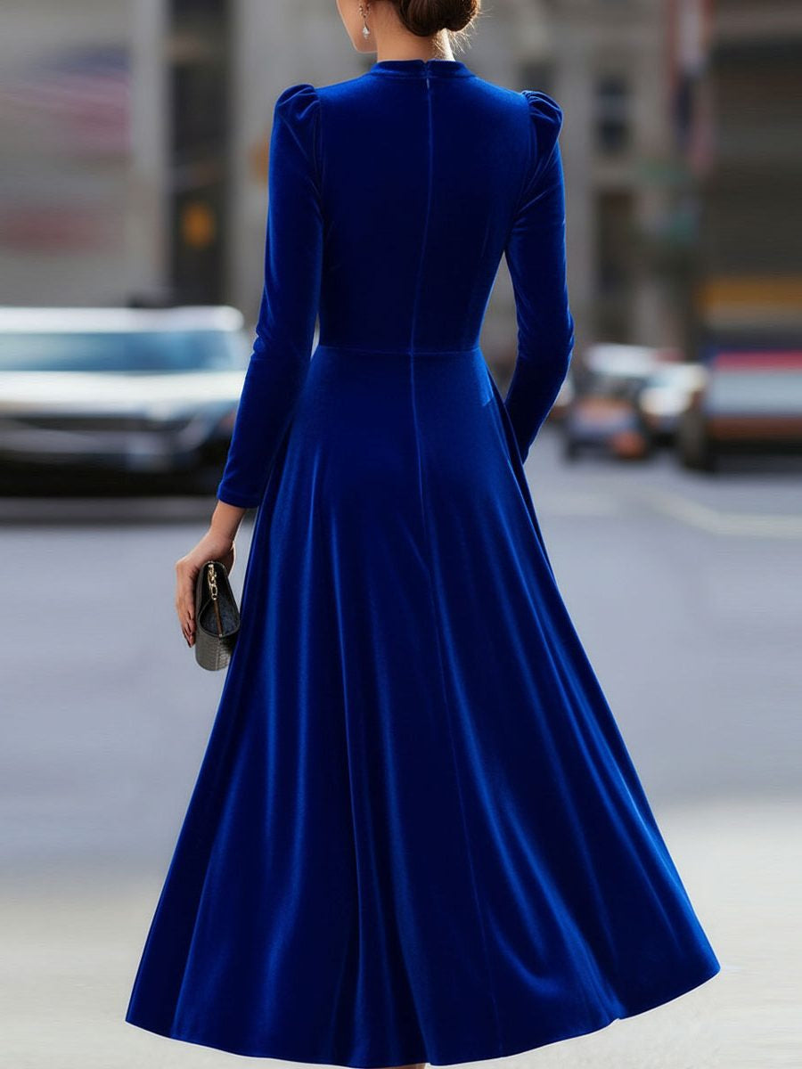 Velvet A-Line Midi Dress with Crew Neck and Long Sleeves