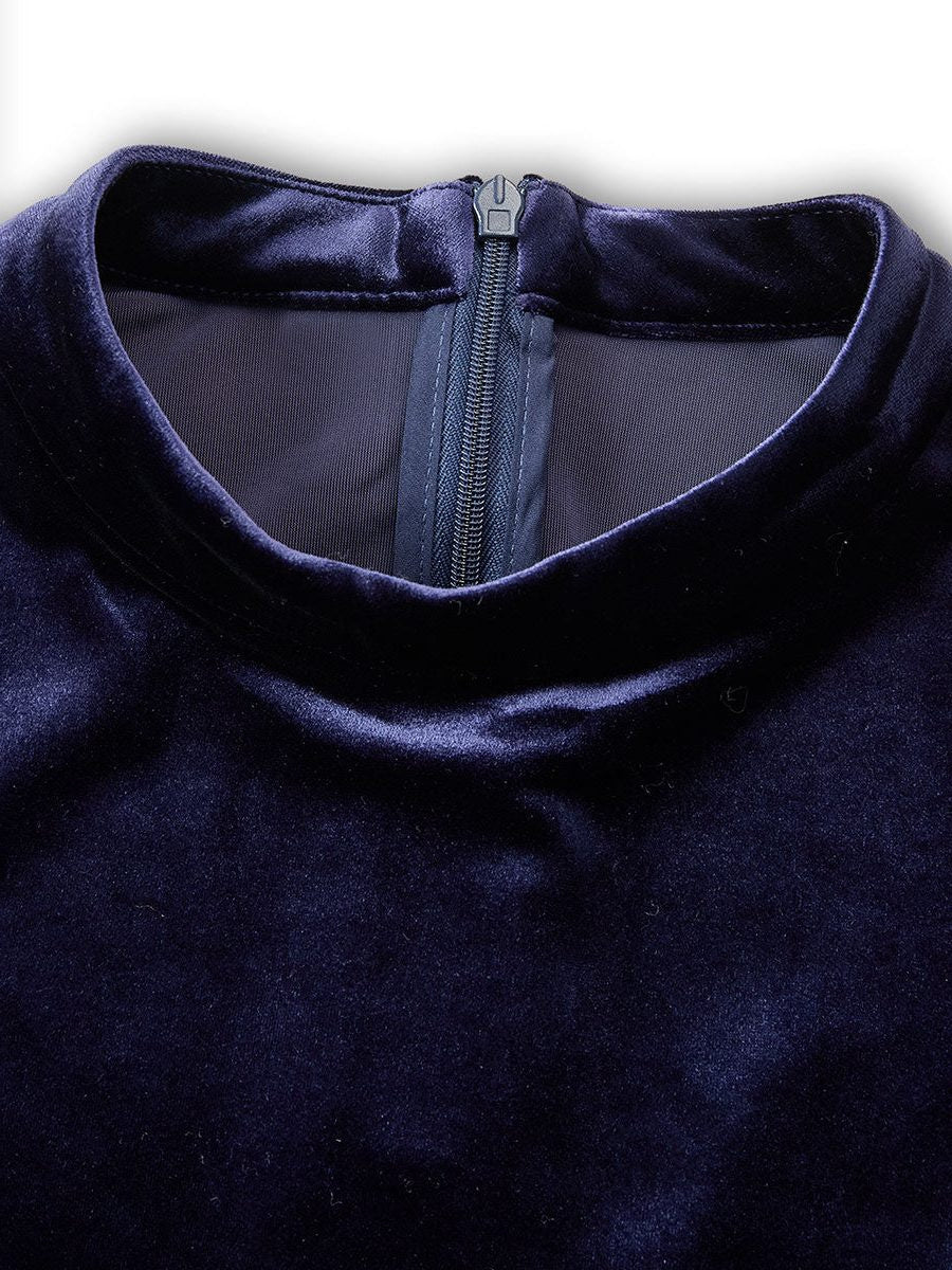 Velvet A-Line Midi Dress with Crew Neck and Long Sleeves