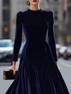 Velvet A-Line Midi Dress with Crew Neck and Long Sleeves