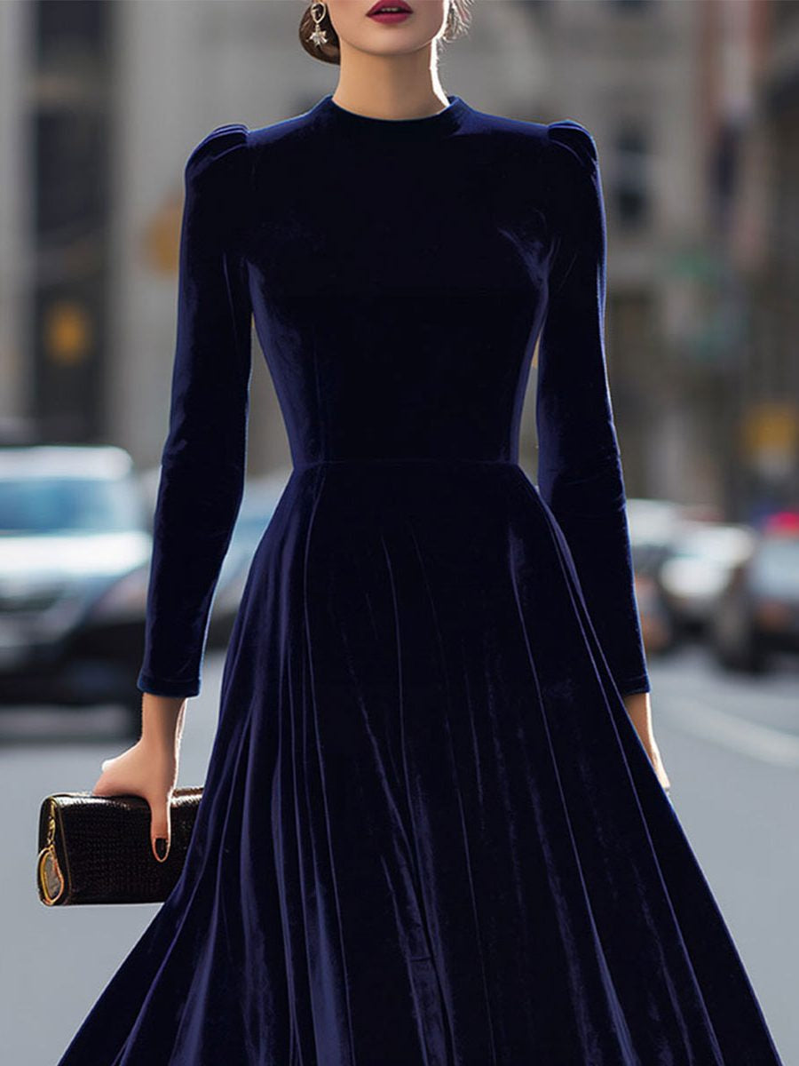 Velvet A-Line Midi Dress with Crew Neck and Long Sleeves
