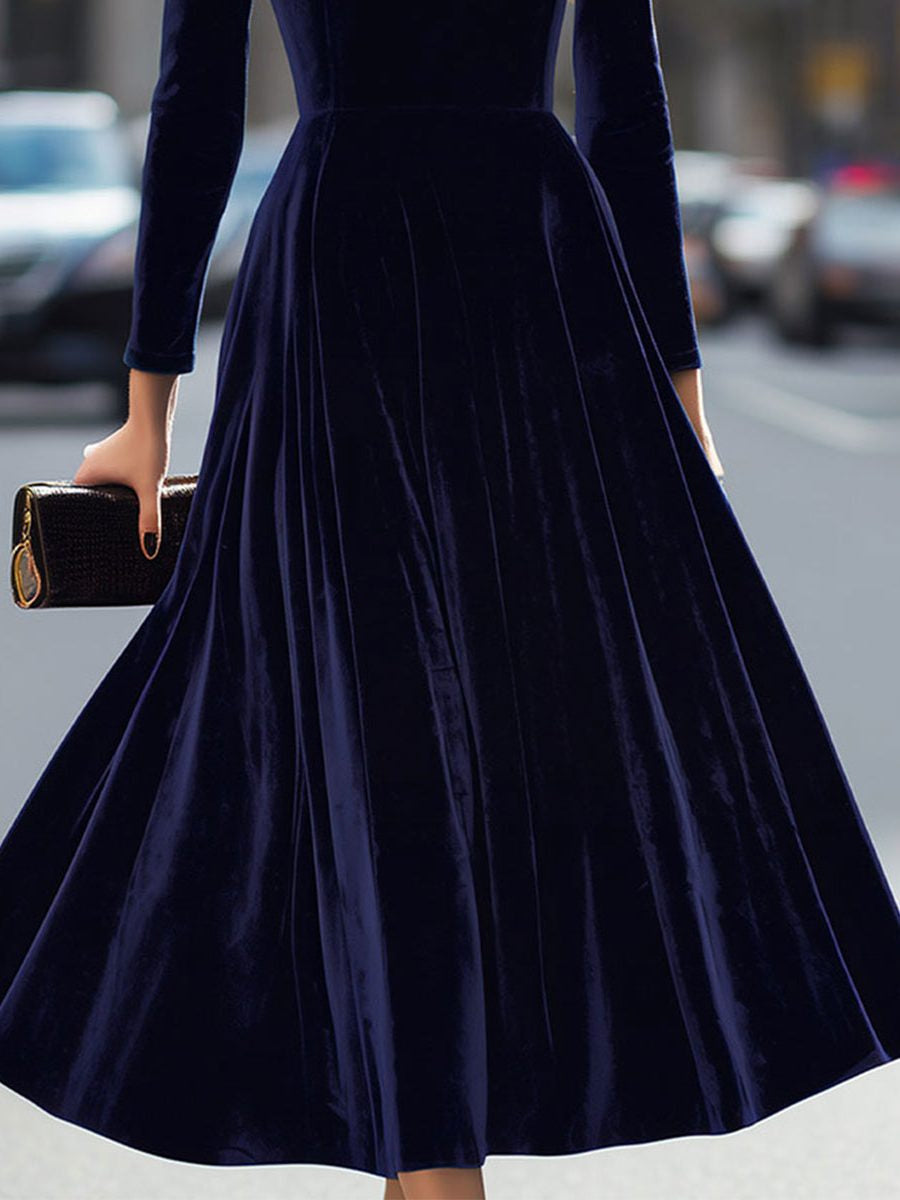 Velvet A-Line Midi Dress with Crew Neck and Long Sleeves