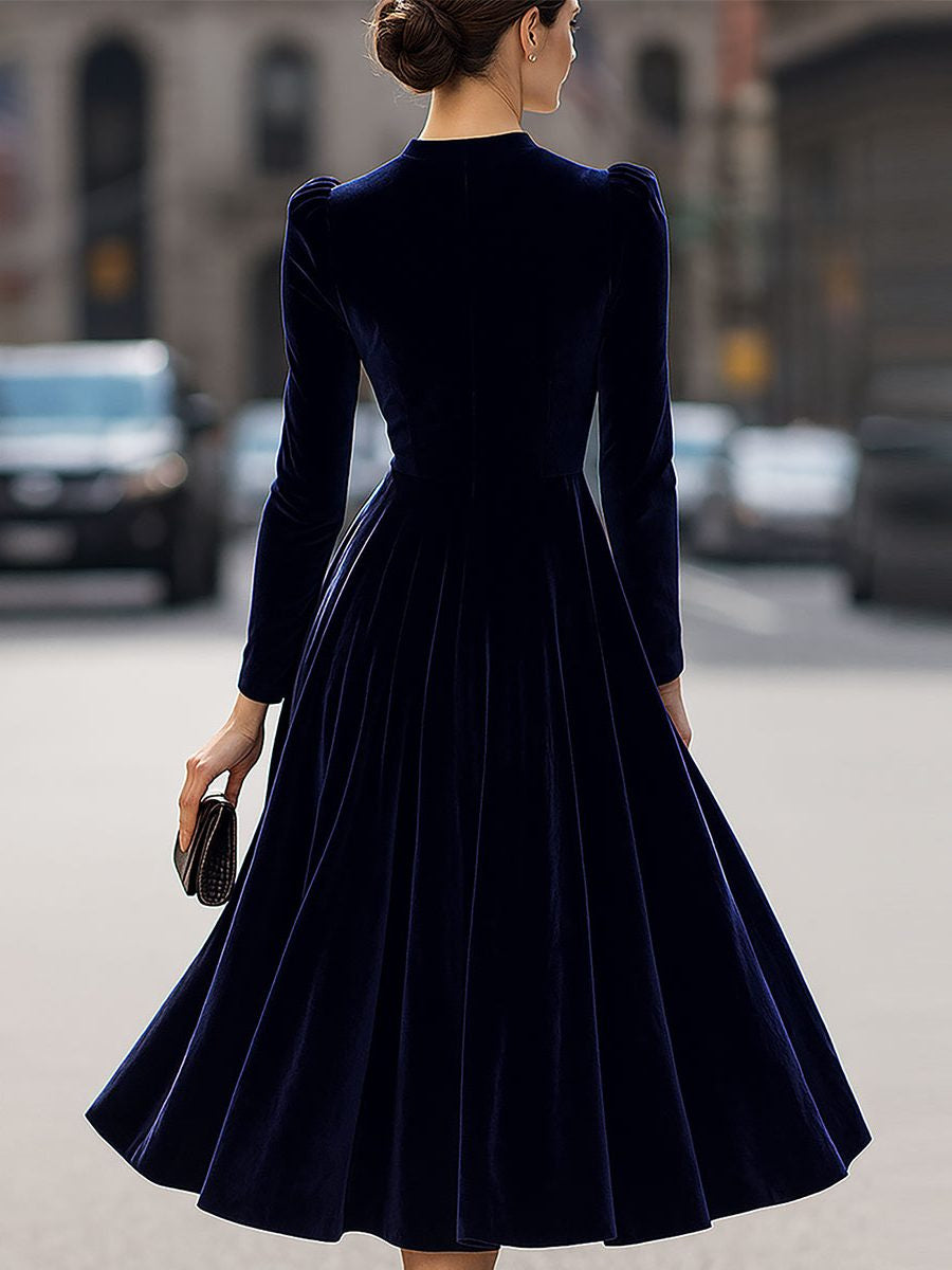 Velvet A-Line Midi Dress with Crew Neck and Long Sleeves