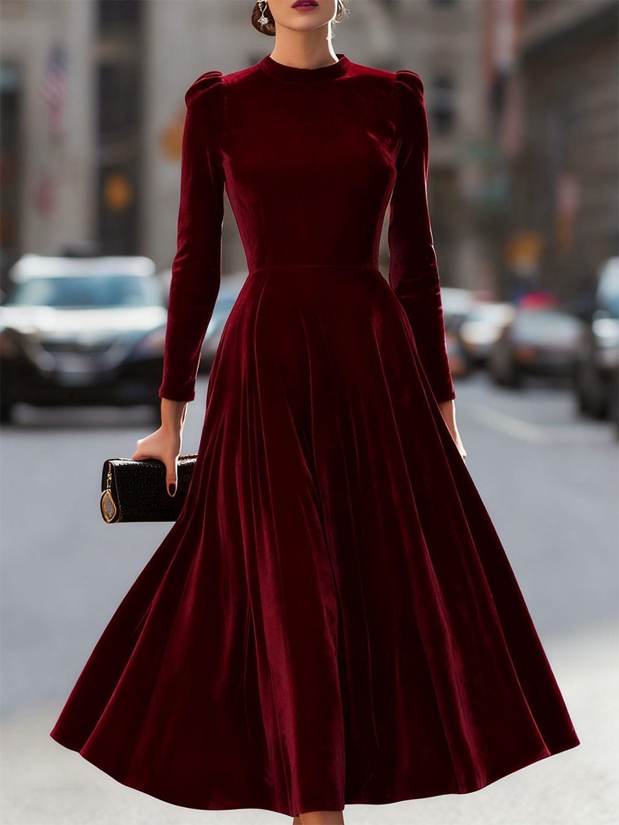 Velvet A-Line Midi Dress with Crew Neck and Long Sleeves - Burgundy