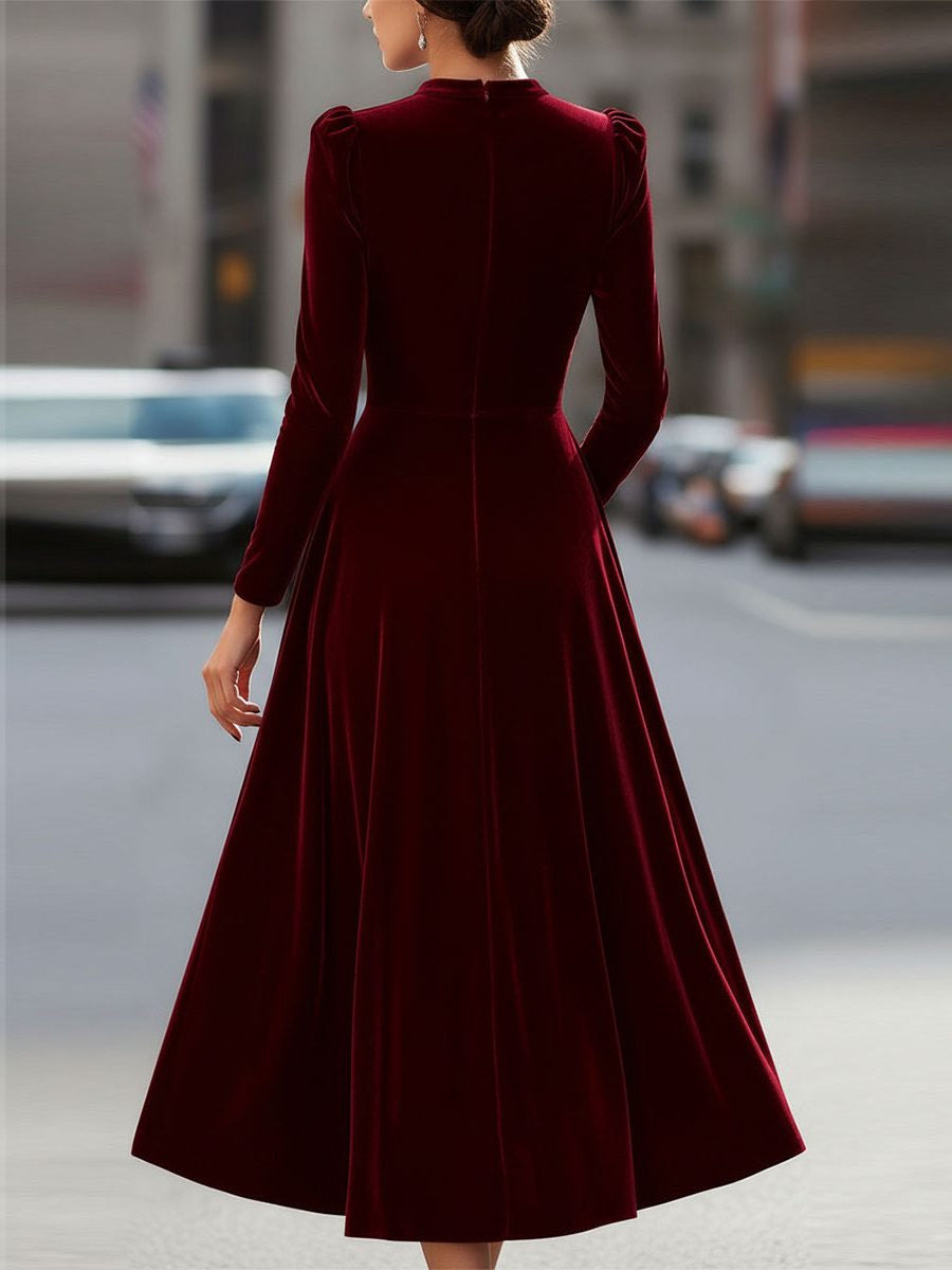 Velvet A-Line Midi Dress with Crew Neck and Long Sleeves