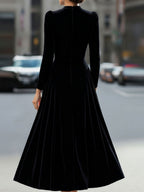 Velvet A-Line Midi Dress with Crew Neck and Long Sleeves