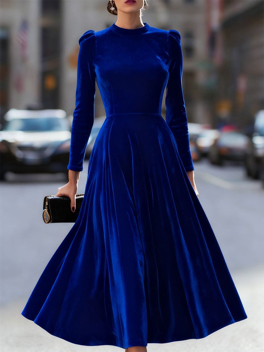 Velvet A-Line Midi Dress with Crew Neck and Long Sleeves - Royal Blue