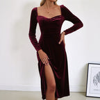 Velvet A-Line Midi Dress with Sweetheart Neck and Long Sleeves