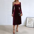 Velvet A-Line Midi Dress with Sweetheart Neck and Long Sleeves