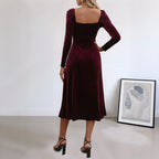 Velvet A-Line Midi Dress with Sweetheart Neck and Long Sleeves