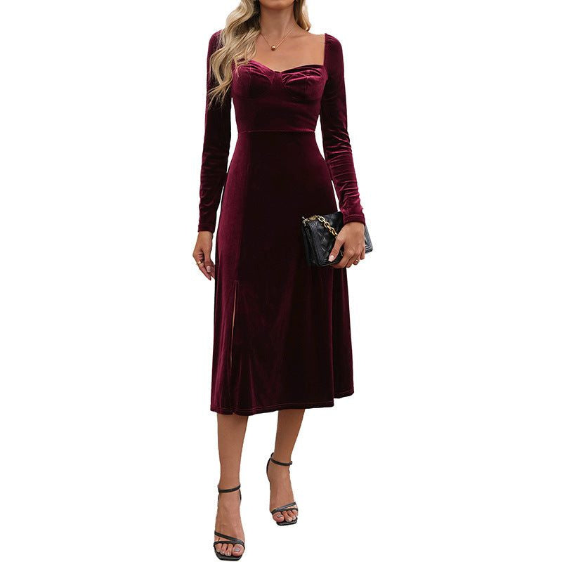 Velvet A-Line Midi Dress with Sweetheart Neck and Long Sleeves