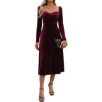 Velvet A-Line Midi Dress with Sweetheart Neck and Long Sleeves
