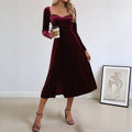 Velvet A-Line Midi Dress with Sweetheart Neck and Long Sleeves - Burgundy