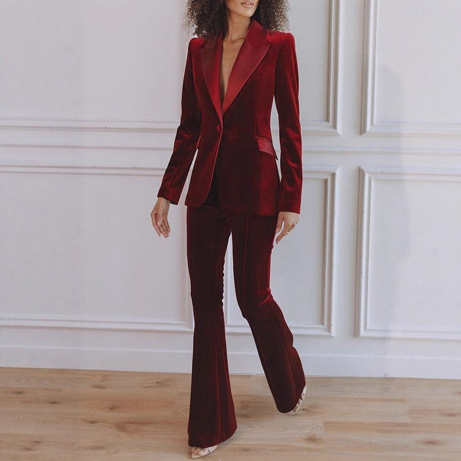 Velvet Blazer Set with Notch Lapels and Flared Pants
