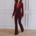 Velvet Blazer Set with Notch Lapels and Flared Pants